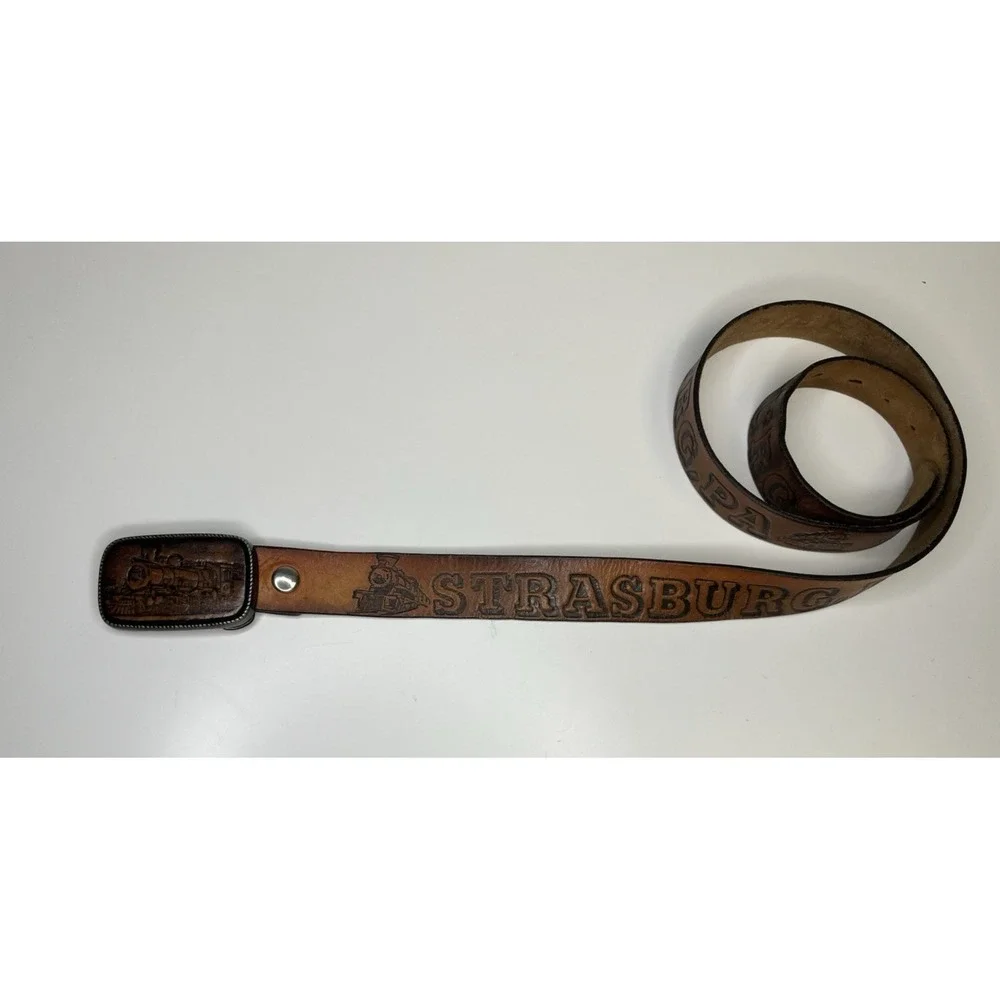 Vintage Tooled Leather Strasburg Pa Train Belt 36 - 42 Buckle USA‎